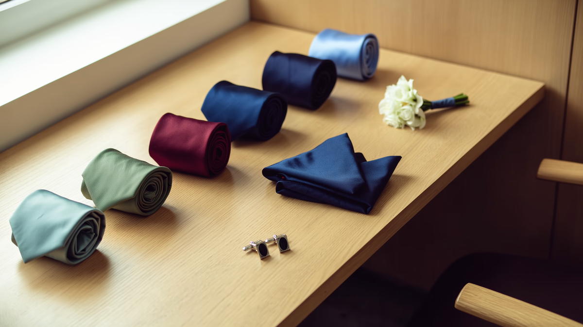 Corbatas en azul, burdeos y verde junto a pañuelos de bolsillo y gemelos preparados para una boda