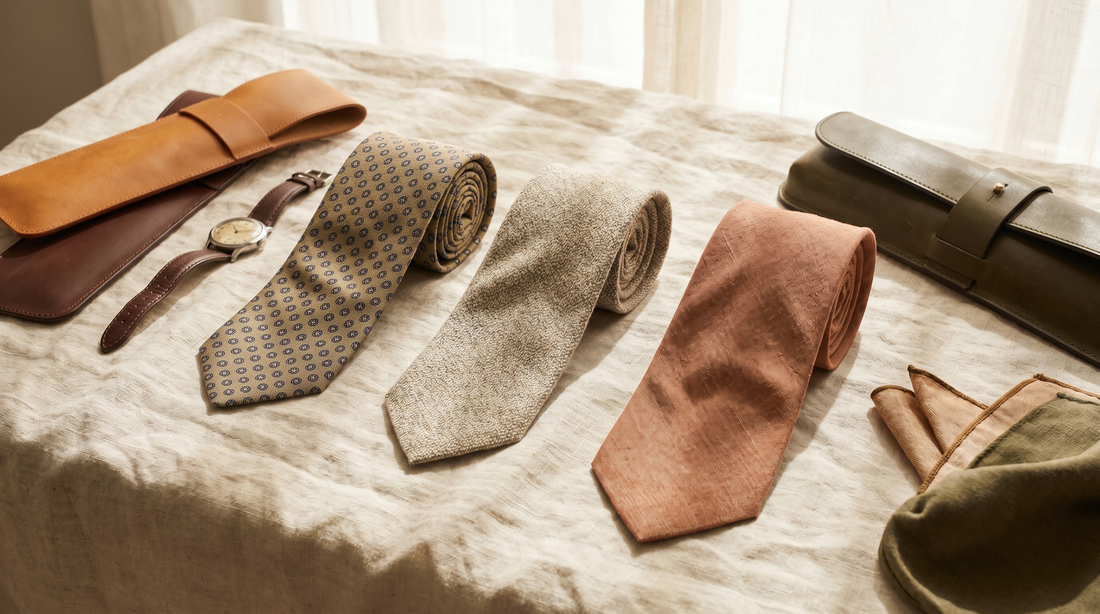 Flat lay of ties in different fabrics—silk, wool, and cotton—on cream-colored linen