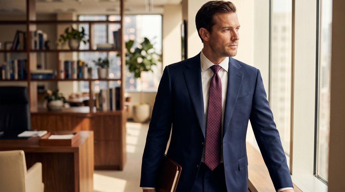 Man in a navy suit and burgundy silk tie in a professional setting