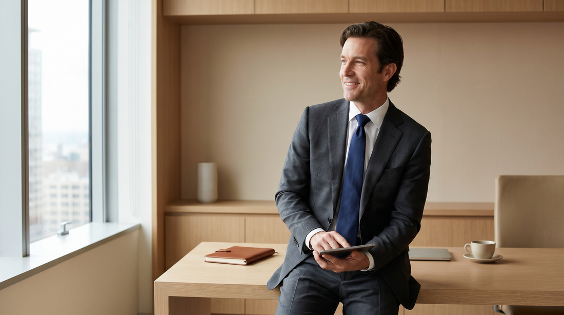 Professional in a dark suit and navy tie in a modern office setting