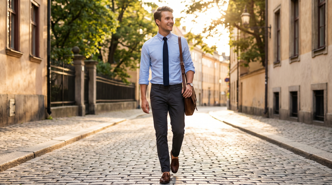 Young man in a smart-casual look with a slim tie and rolled-up shirt sleeves in an urban outdoor setting