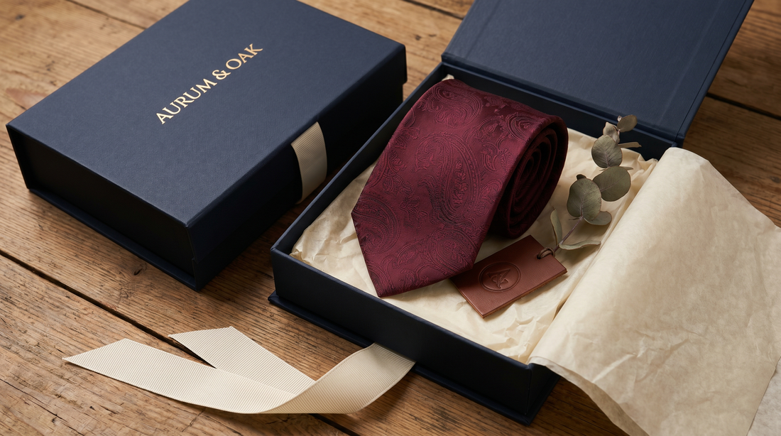 Luxury gift box with a silk tie folded on cream tissue paper