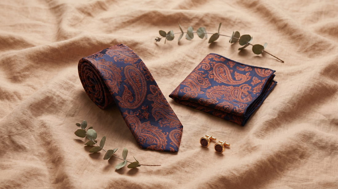 Flat lay of a matching silk tie and pocket square on cream linen