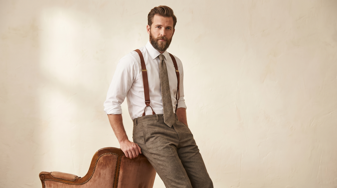 Man wearing a white shirt, vintage suspenders, and a wool tie in a studio with warm lighting