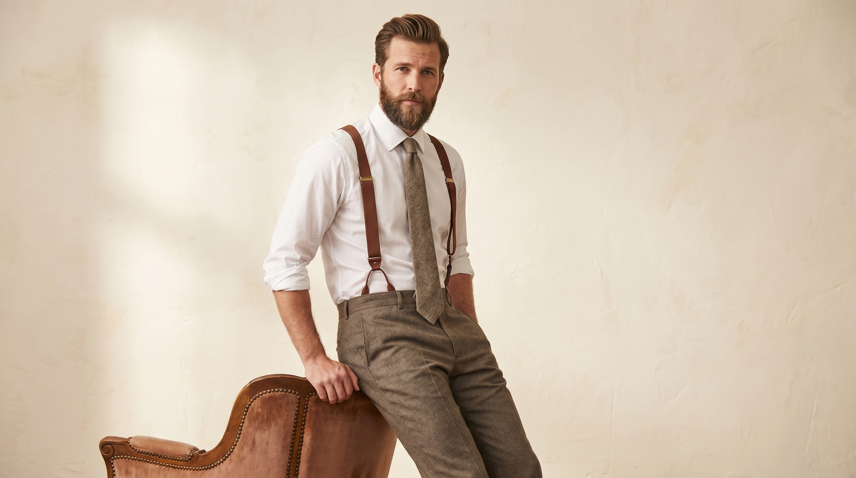 Hombre con camisa blanca, tirantes vintage y corbata de lana en estudio con luz cálida