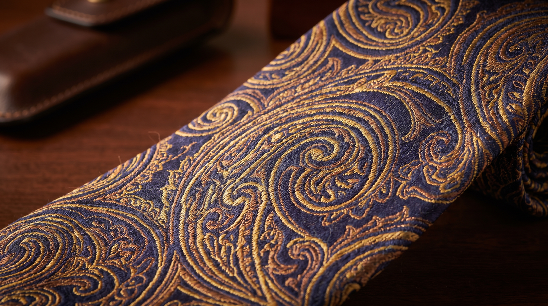 Close-up of the fabric of a silk tie with a navy and gold paisley print