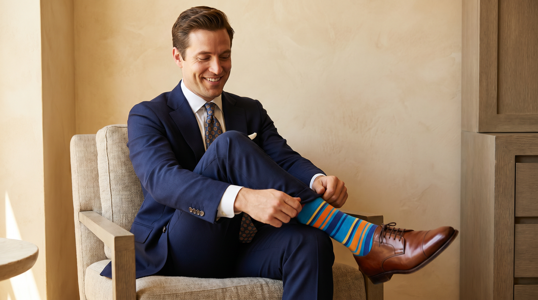 Man sitting cross-legged, showing off colorful socks with navy pants and a tie