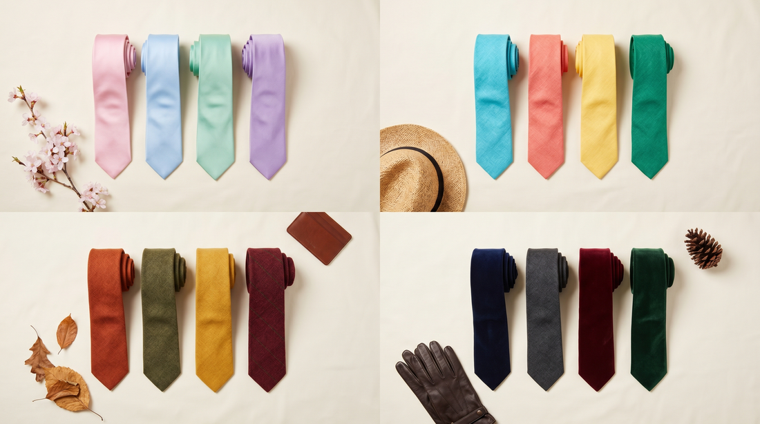 Flat lay of ties in four seasonal color palettes on a cream background
